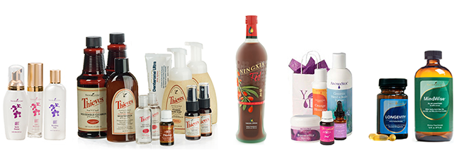 younglivingessentialoilsproducts A group of bottles and containers with personal care products.